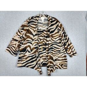 Alfred Dunner Cardigan Top Set Womens 2X Brown Black Zebra Animal Print Necklace